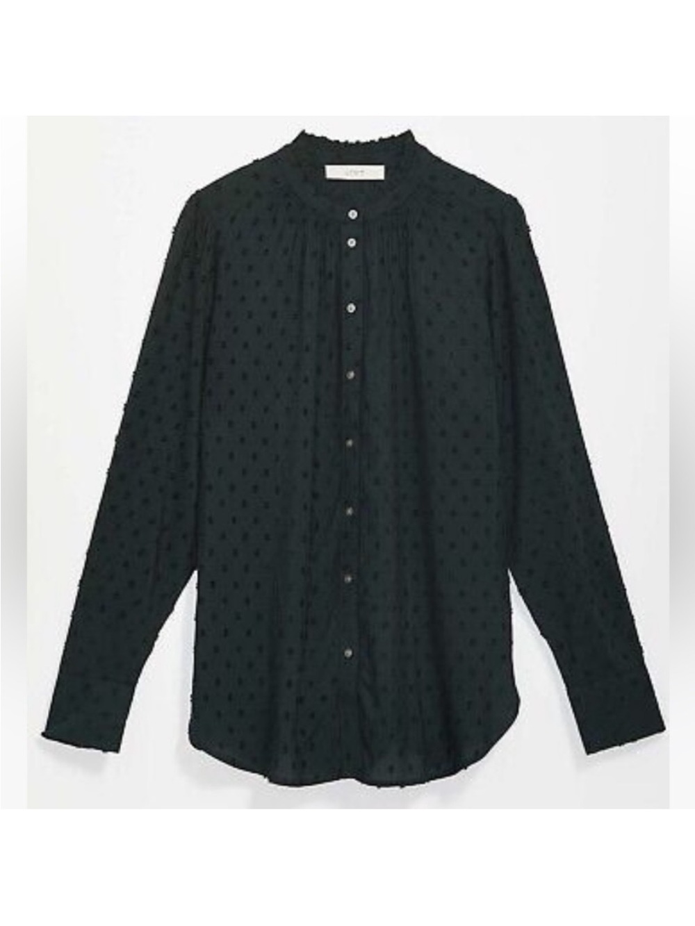 LOFT Clip Ruffle Collar Textured Long-Sleeve Deep Green Button-Up Shirt Small
